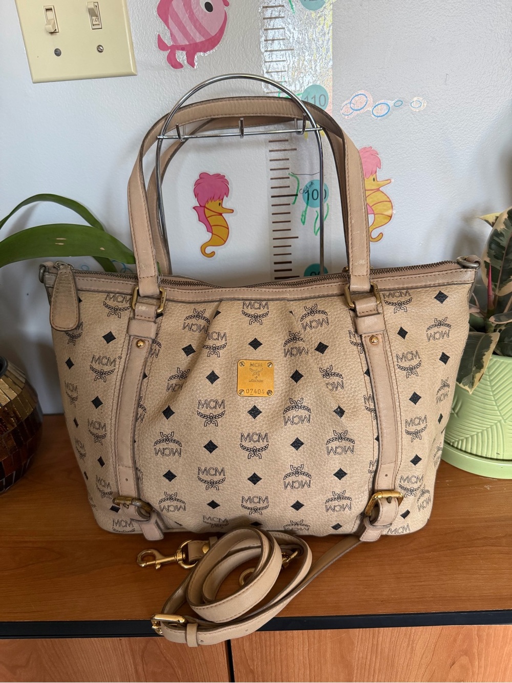 MCM Beige Visetos Monogram Shopper Tote with Gold Plate